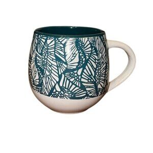 Botanical Ceramic Mug 16 Oz White & Teal Leaf Design Dishwasher & Microwave Safe